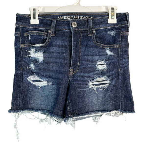 AMERICAN EAGLE Hi-Rise Shortie Shorts Blue Dark Wash Distressed Cutoffs Size 6 - Picture 2 of 11